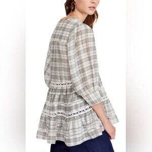 Free People Time Out Plaid Lace Boho White Olive Green Tunic Top Women's Size XS